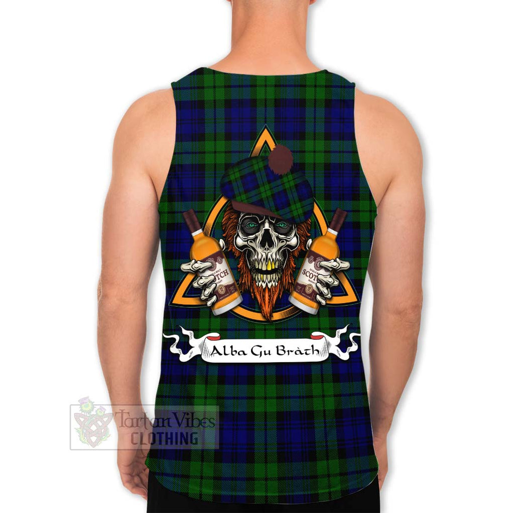 Tartan Vibes Clothing Bannatyne Tartan Men's Tank Top with Family Crest and Bearded Skull Holding Bottles of Whiskey
