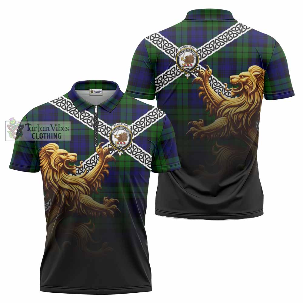 Bannatyne Crest Tartan Zipper Polo Shirt with Golden Lion Emblem Celtic Style - Tartan Vibes Clothing