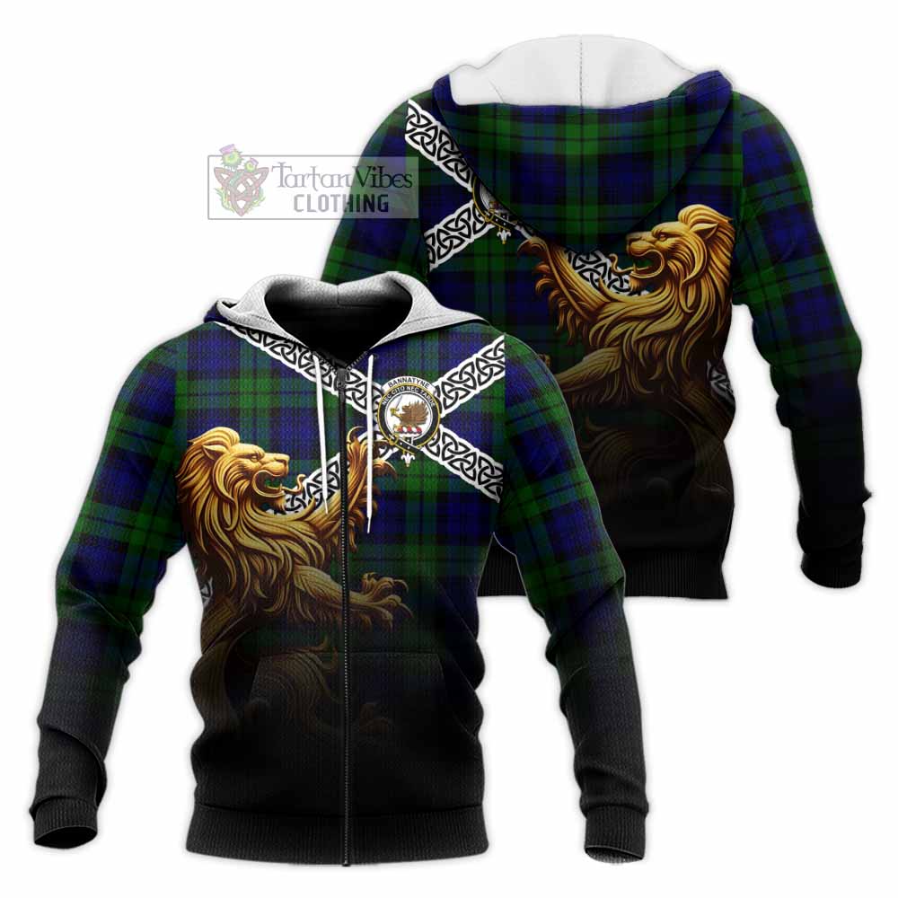Tartan Vibes Clothing Bannatyne Crest Tartan Knitted Hoodie with Golden Lion Emblem Celtic Style