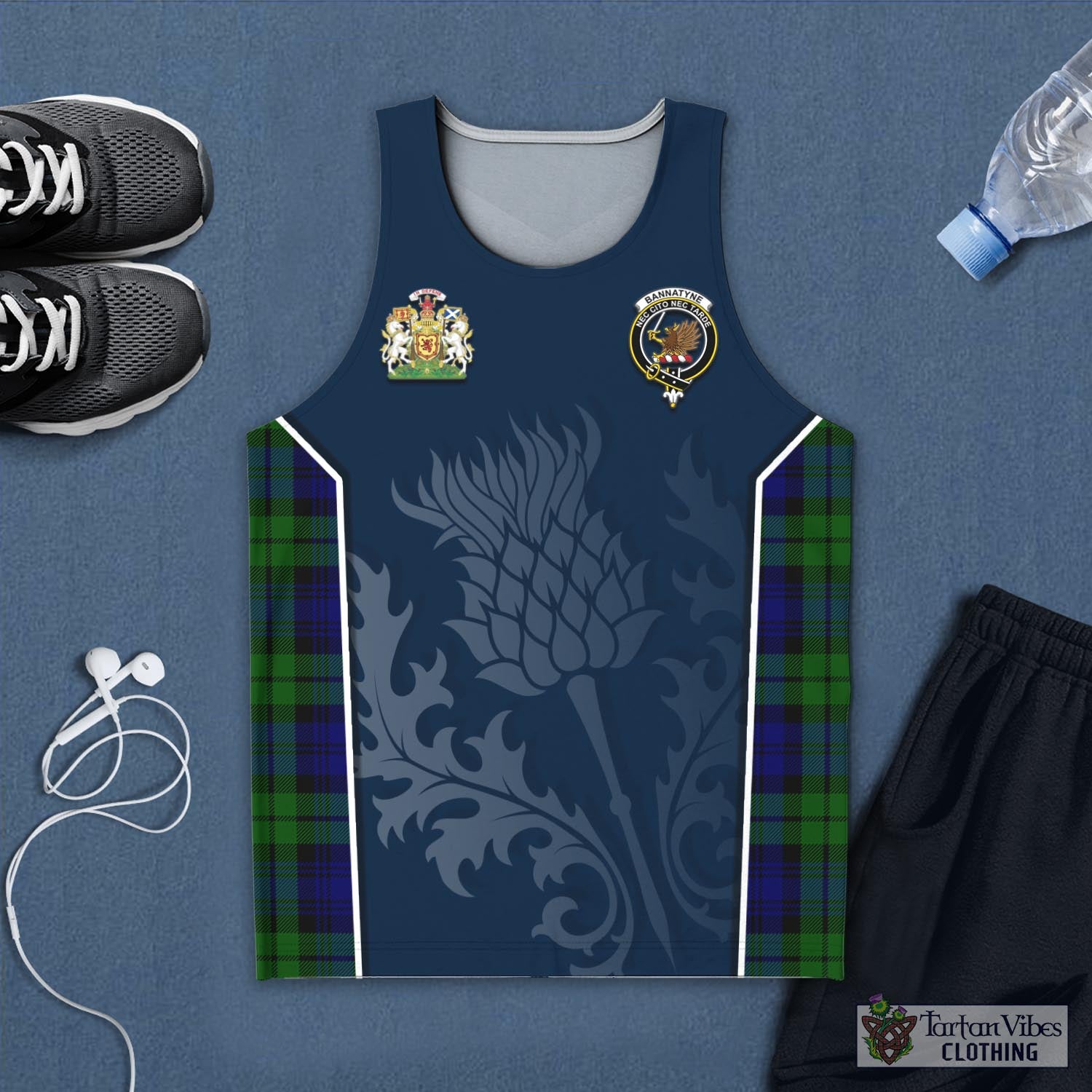 Tartan Vibes Clothing Bannatyne Tartan Men's Tanks Top with Family Crest and Scottish Thistle Vibes Sport Style