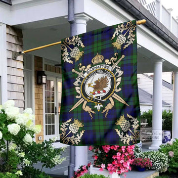 Tartan Vibes Clothing Bannatyne Tartan Flag with Family Crest and Golden Thistle Crossed Sword Design
