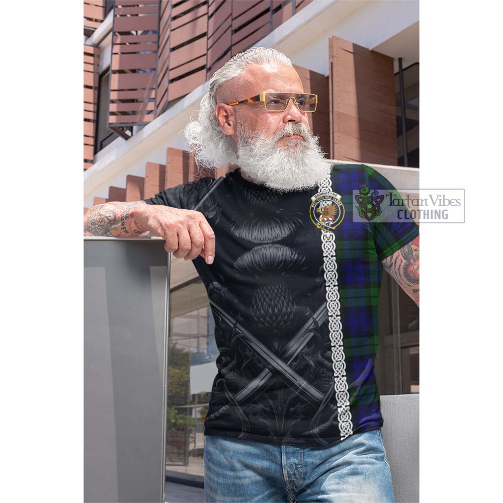Tartan Vibes Clothing Bannatyne Tartan Cotton T-shirt with Family Crest Cross Sword Thistle Celtic Vibes