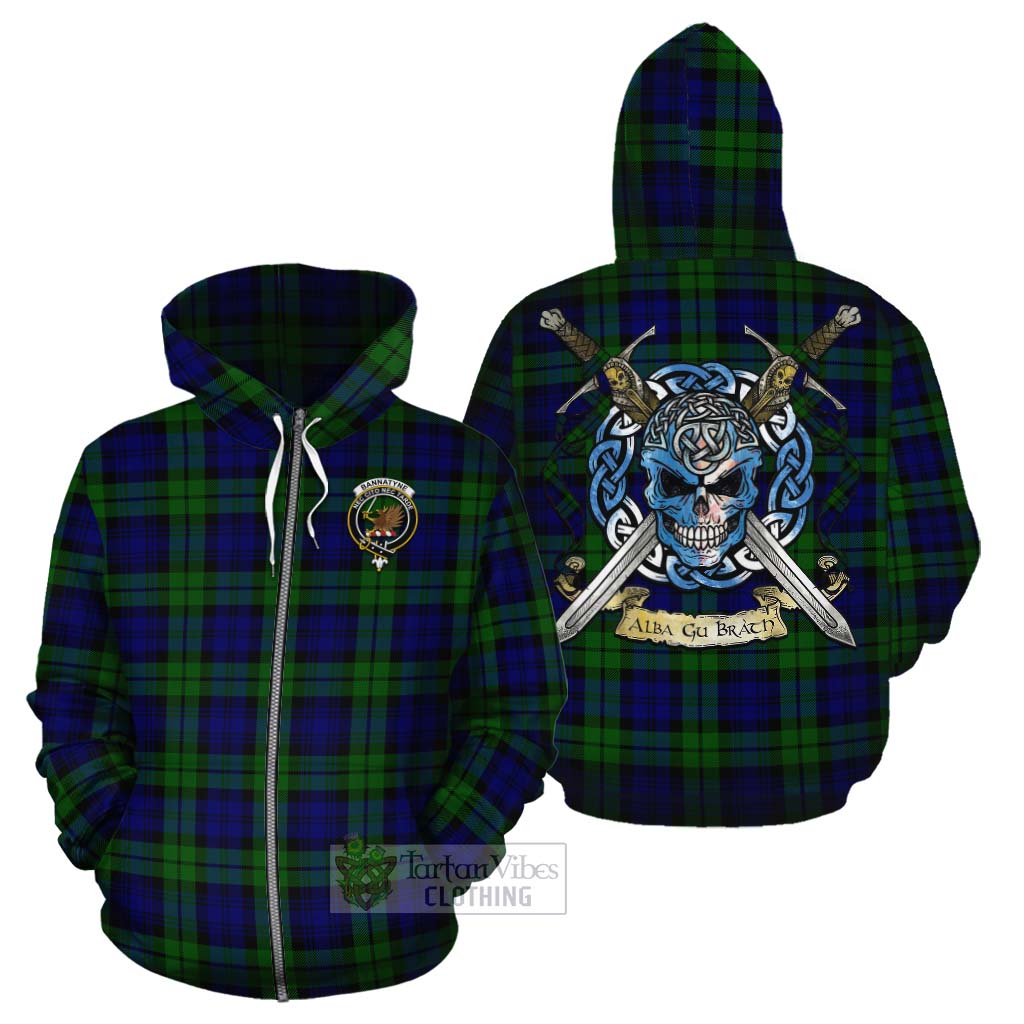 Tartan Vibes Clothing Bannatyne Tartan Cotton Hoodie with Family Crest Celtic Skull Style