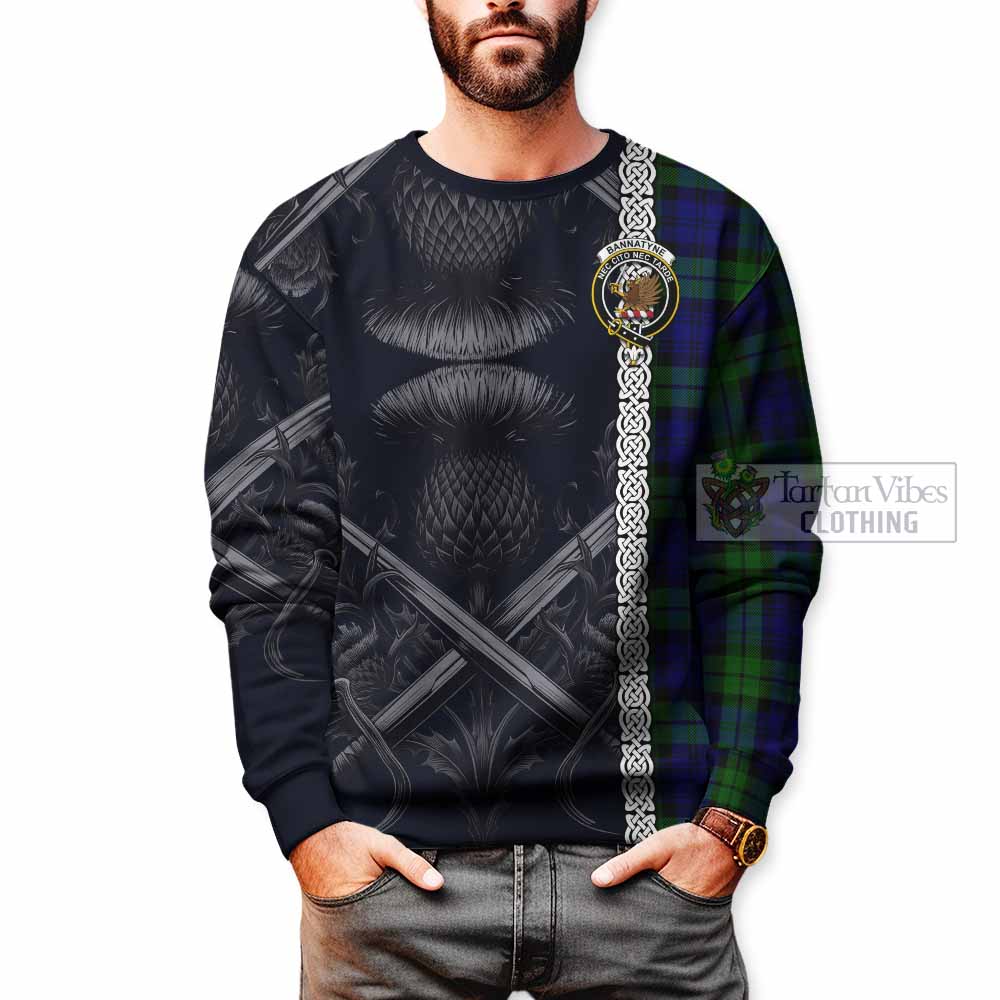 Tartan Vibes Clothing Bannatyne Tartan Sweatshirt with Family Crest Cross Sword Thistle Celtic Vibes
