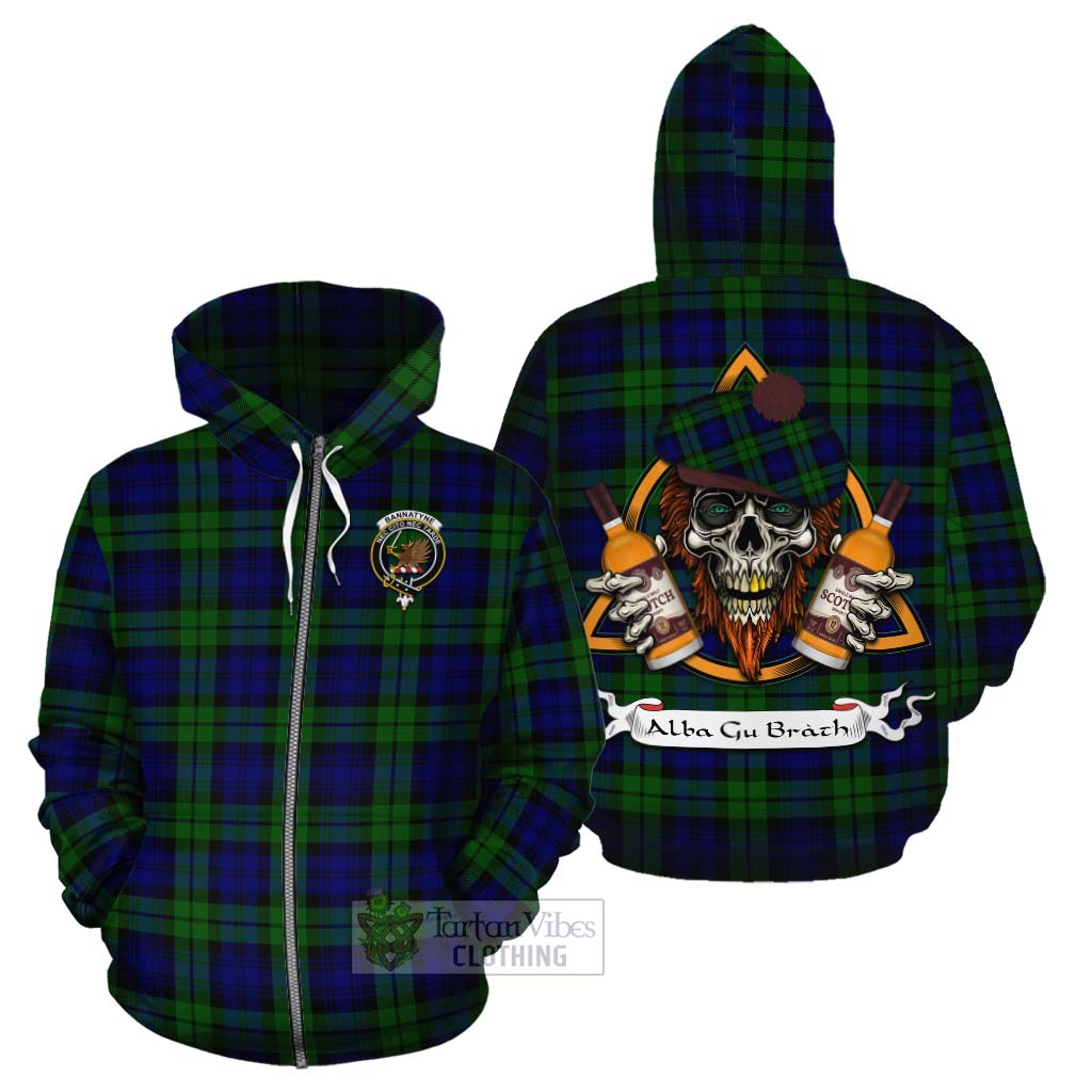 Tartan Vibes Clothing Bannatyne Tartan Cotton Hoodie with Family Crest and Bearded Skull Holding Bottles of Whiskey