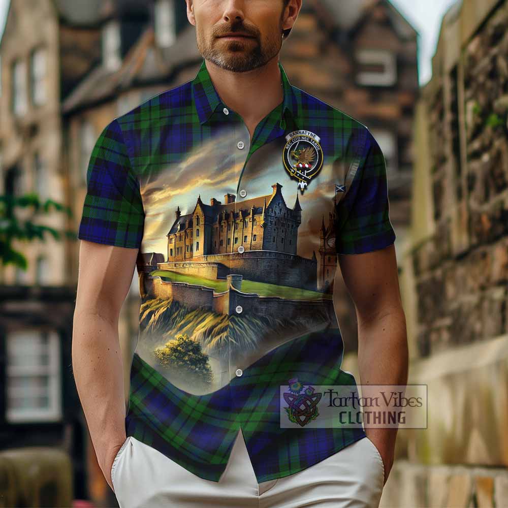 Tartan Vibes Clothing Bannatyne Tartan Family Crest Short Sleeve Button Shirt with Scottish Ancient Castle Style