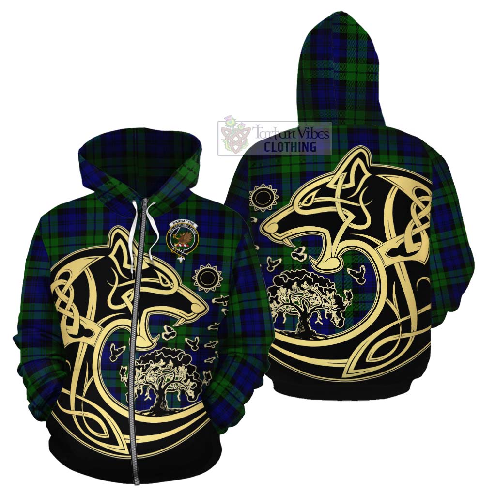 Tartan Vibes Clothing Bannatyne Tartan Cotton Hoodie with Family Crest Celtic Wolf Style