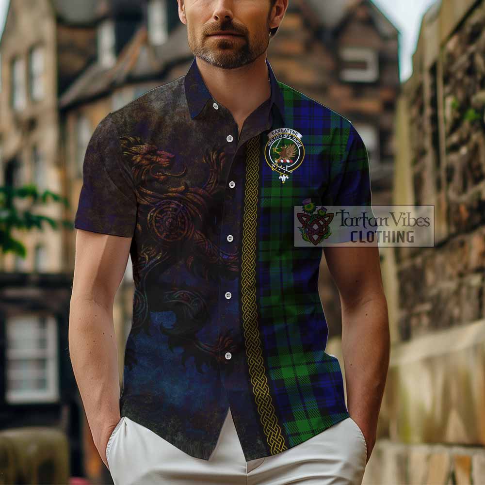 Tartan Vibes Clothing Bannatyne Tartan Family Crest Short Sleeve Button Shirt Alba Gu Brath Be Brave Lion Ancient Style