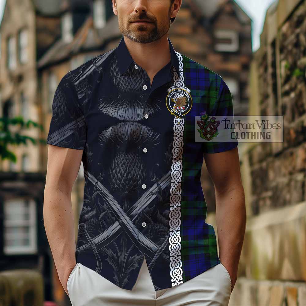 Tartan Vibes Clothing Bannatyne Tartan Short Sleeve Button Shirt with Family Crest Cross Sword Thistle Celtic Vibes