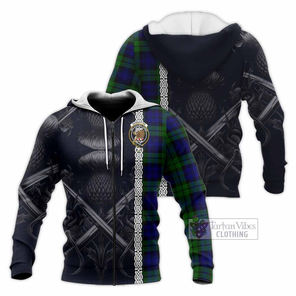 Tartan Vibes Clothing Bannatyne Tartan Knitted Hoodie with Family Crest Cross Sword Thistle Celtic Vibes