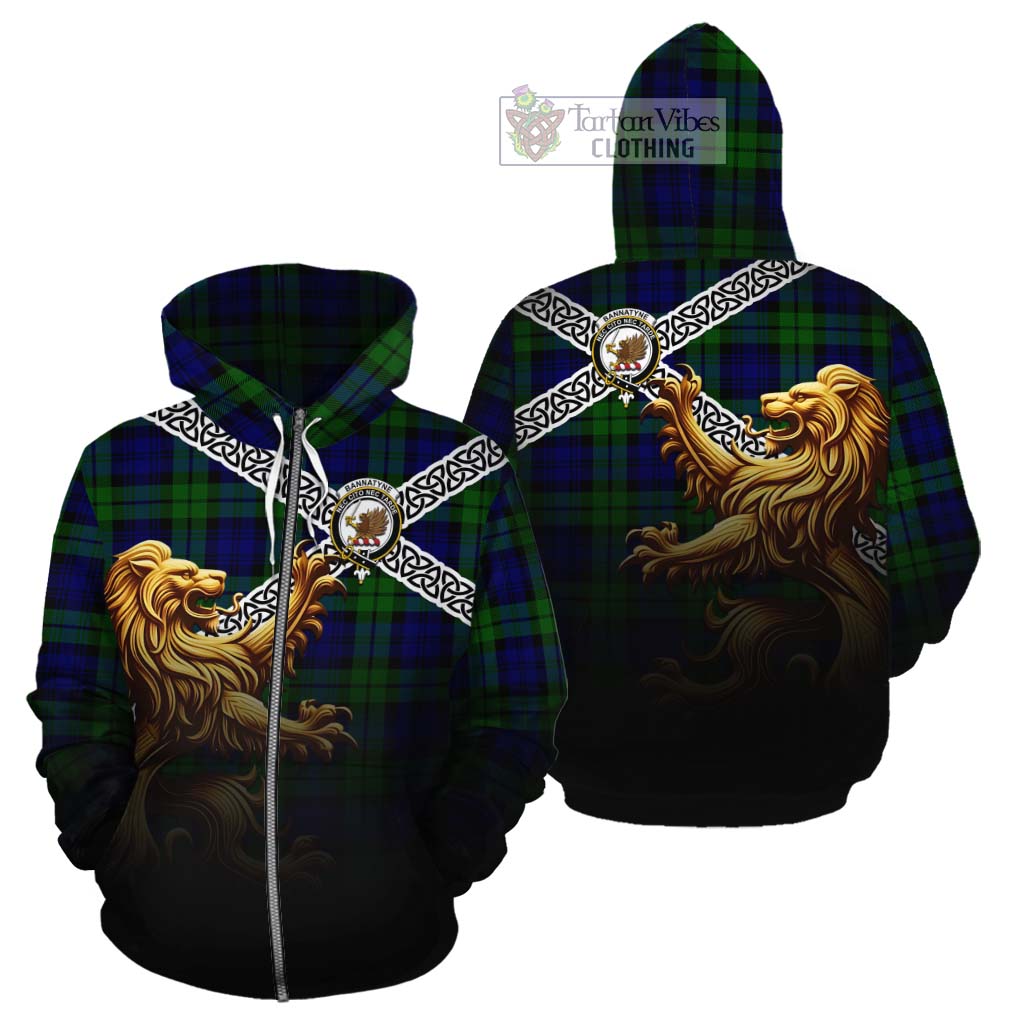 Tartan Vibes Clothing Bannatyne Crest Tartan Cotton Hoodie with Golden Lion Emblem Celtic Style