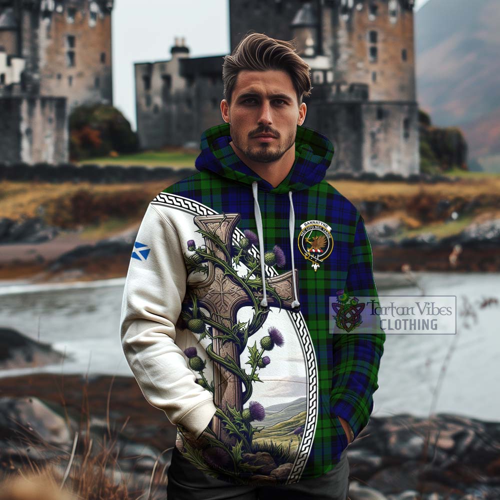 Tartan Vibes Clothing Bannatyne Tartan Cotton Hoodie with Family Crest and St. Andrew's Cross Accented by Thistle Vines