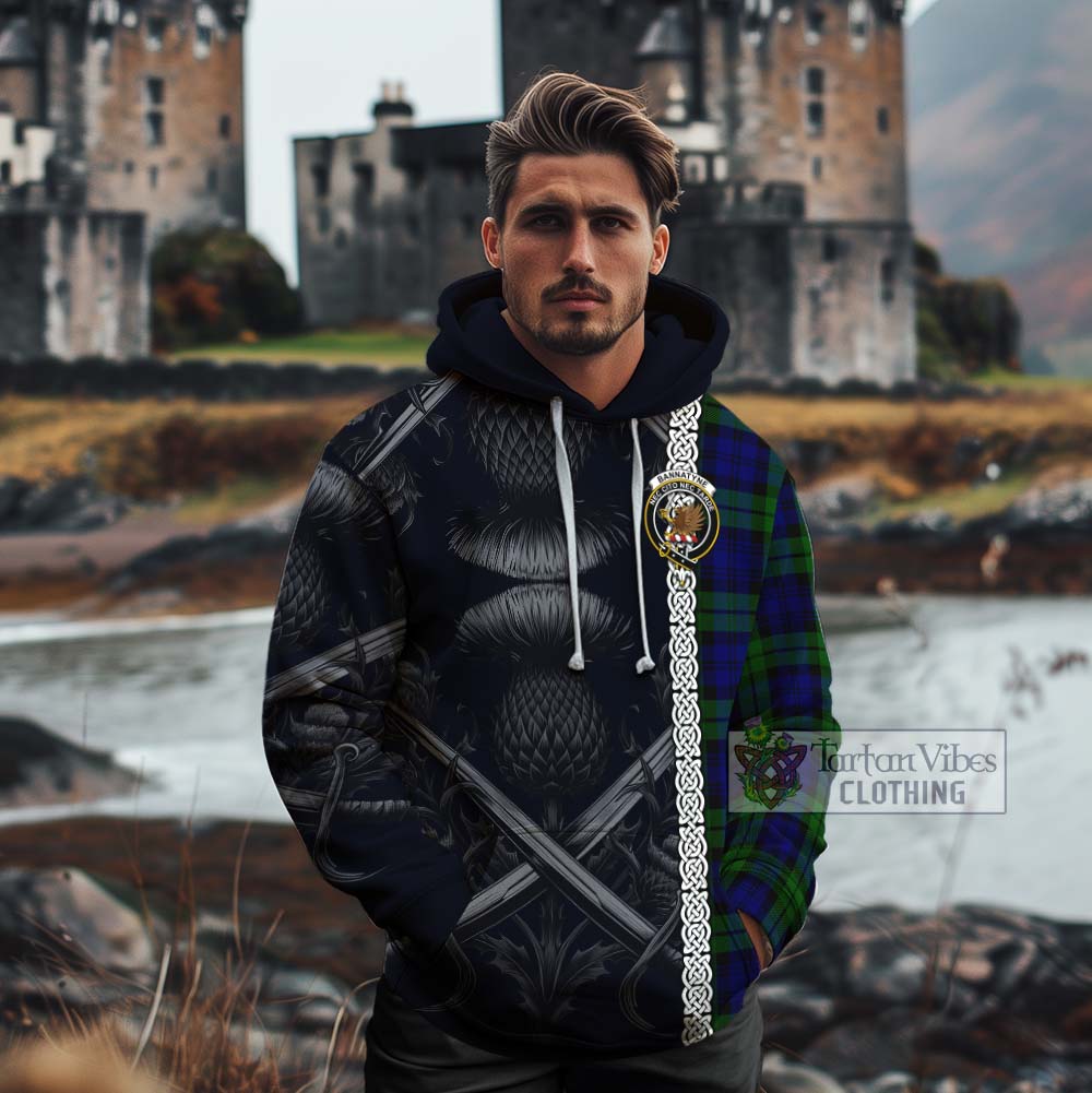 Tartan Vibes Clothing Bannatyne Tartan Cotton Hoodie with Family Crest Cross Sword Thistle Celtic Vibes
