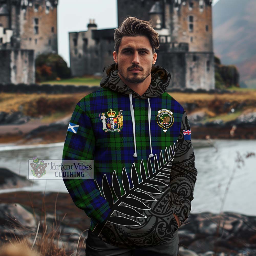 Tartan Vibes Clothing Bannatyne Crest Tartan Cotton Hoodie with New Zealand Silver Fern Half Style