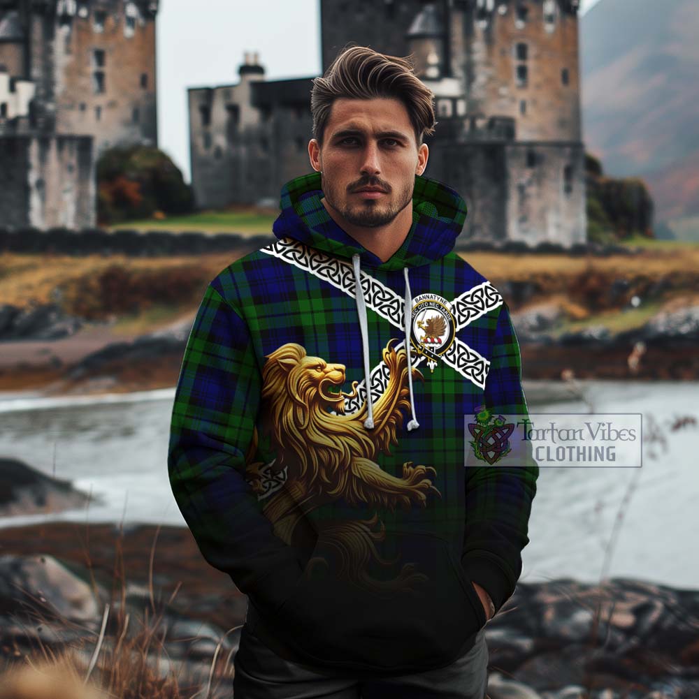 Tartan Vibes Clothing Bannatyne Crest Tartan Cotton Hoodie with Golden Lion Emblem Celtic Style