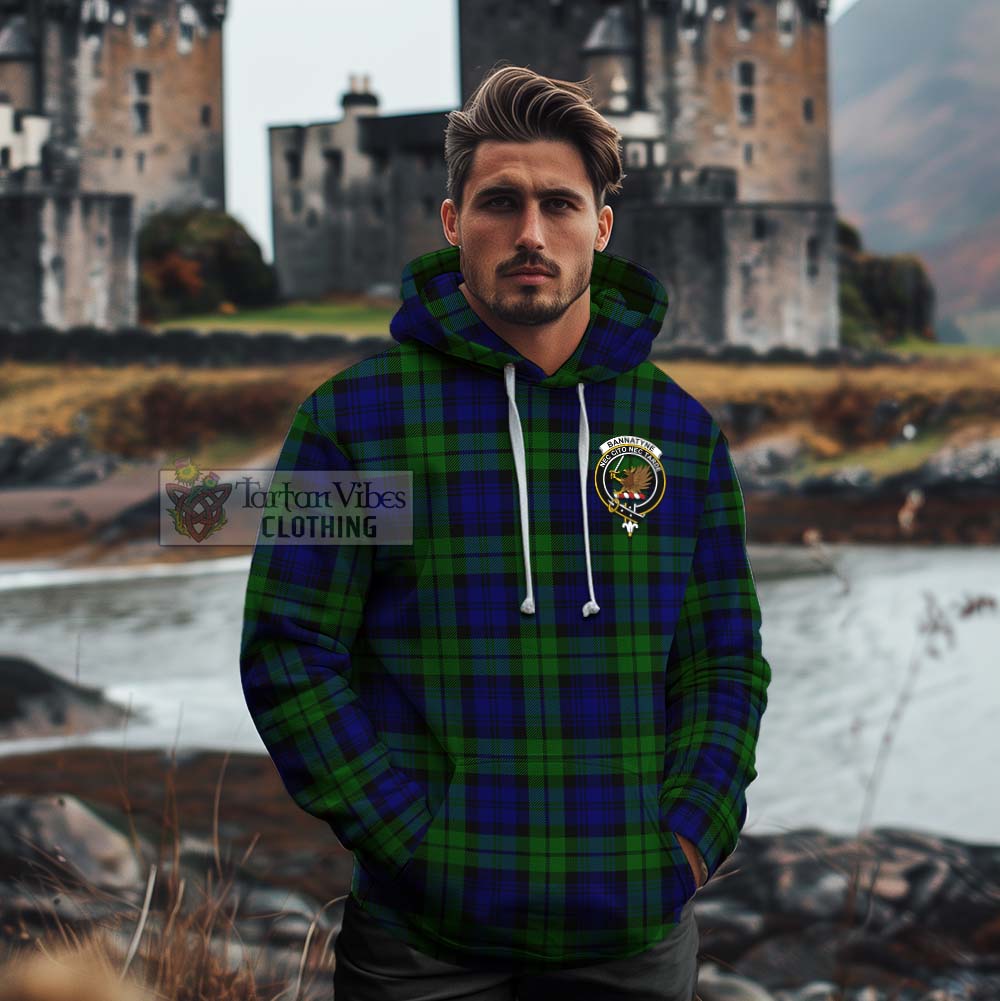 Tartan Vibes Clothing Bannatyne Tartan Cotton Hoodie with Family Crest and Bearded Skull Holding Bottles of Whiskey