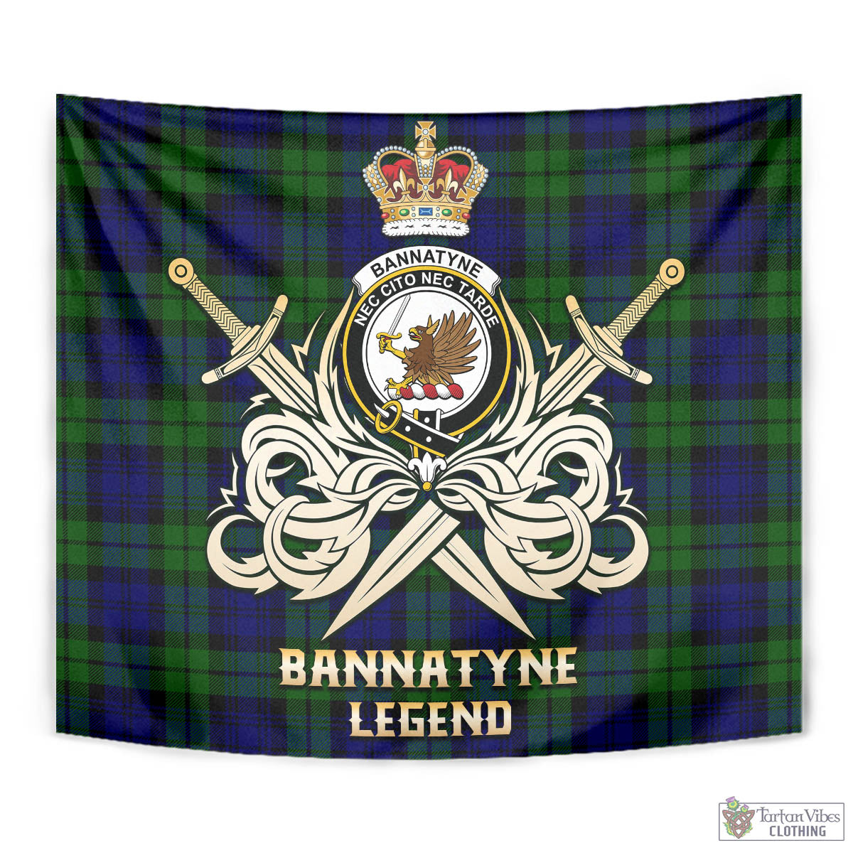 Tartan Vibes Clothing Bannatyne Tartan Tapestry with Clan Crest and the Golden Sword of Courageous Legacy