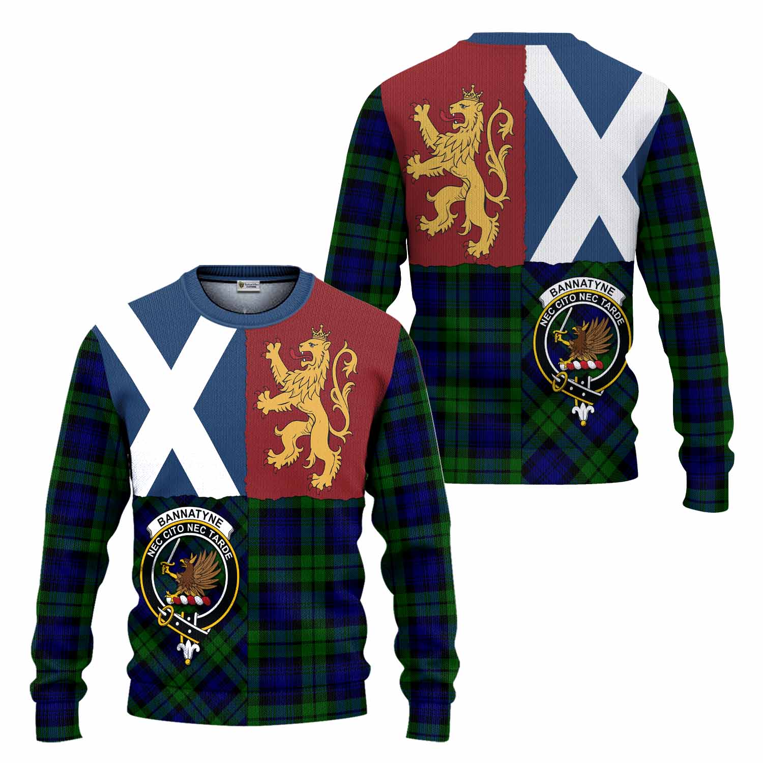 Bannatyne Crest Tartan Knitted Sweater with Lion Rampant Saltire Style