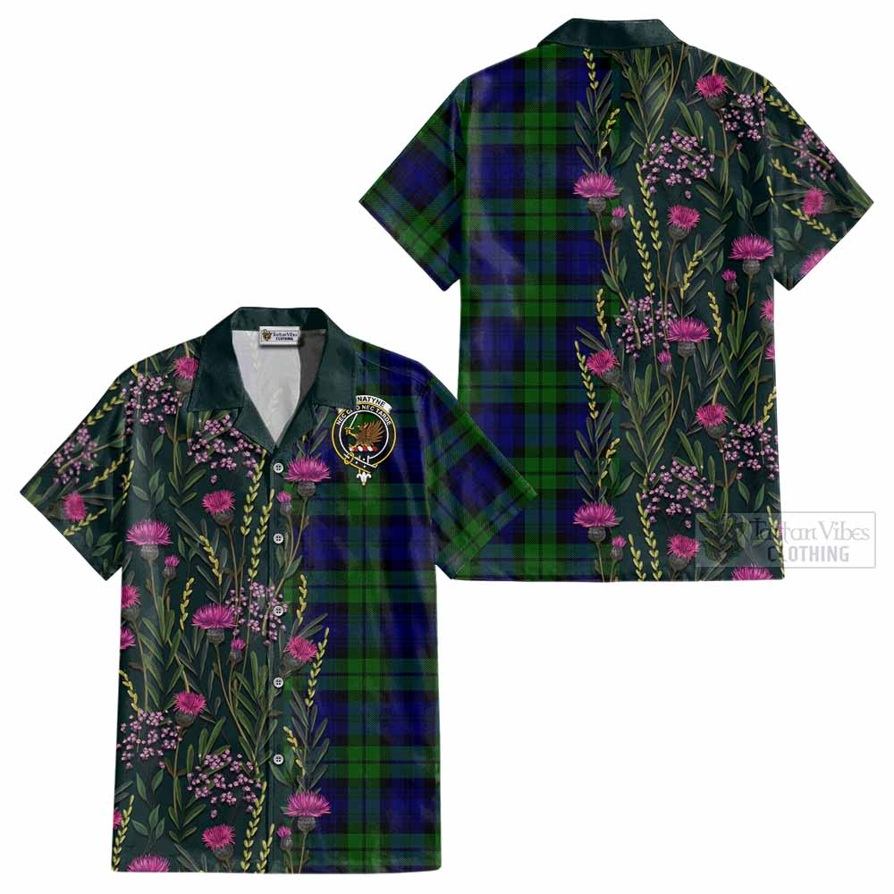 Bannatyne Family Crest Tartan Cotton Hawaiian Shirt Scottish Thistle Flower Pattern Half Style - Tartan Vibes Clothing