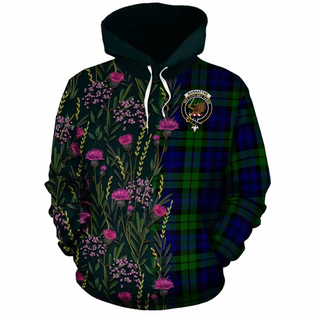 Bannatyne Family Crest Tartan Cotton Hoodie Scottish Thistle Flower Pattern Half Style - Tartan Vibes Clothing