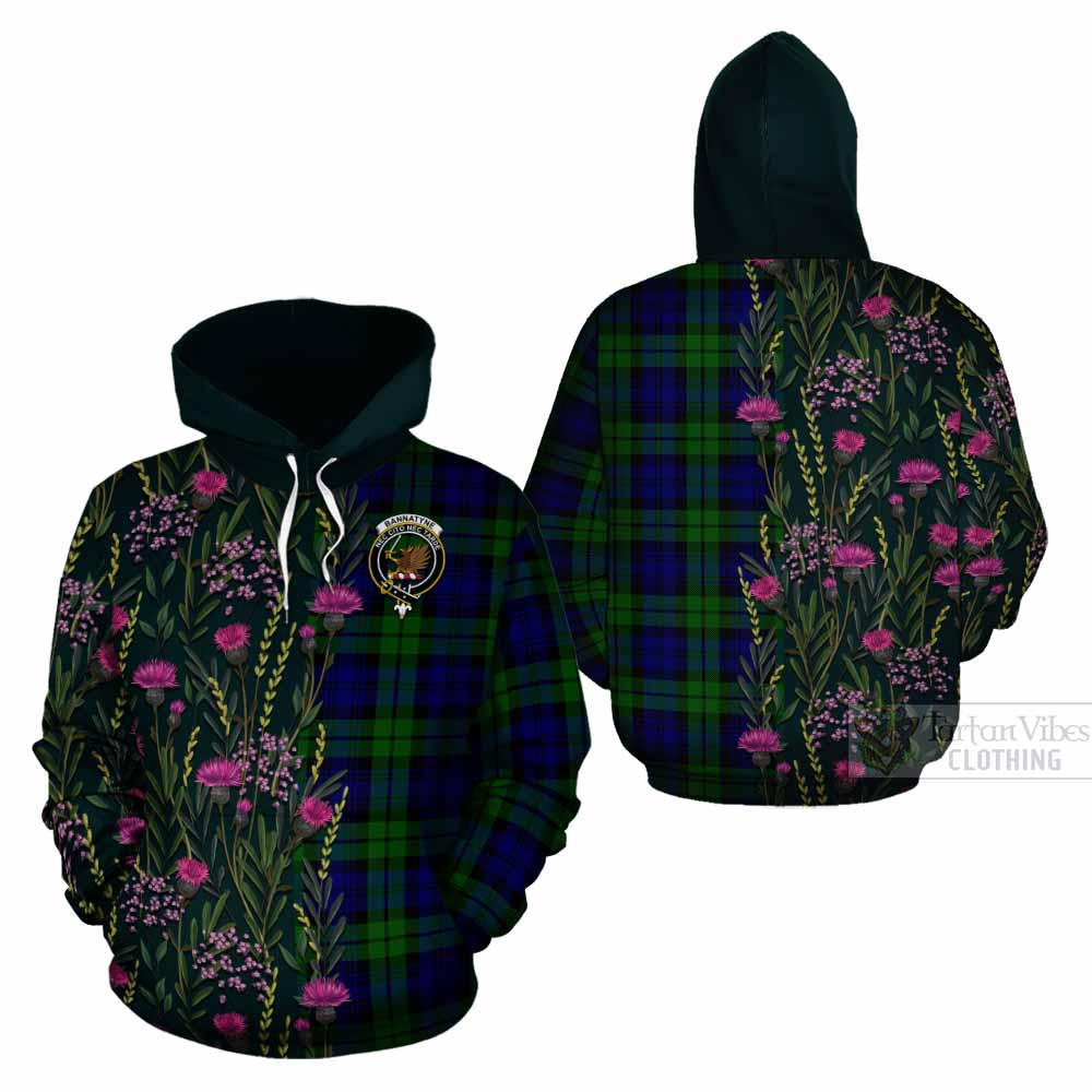 Bannatyne Family Crest Tartan Cotton Hoodie Scottish Thistle Flower Pattern Half Style - Tartan Vibes Clothing