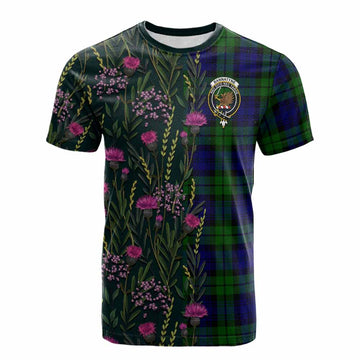 Bannatyne Family Crest Tartan Cotton T-shirt Scottish Thistle Flower Pattern Half Style