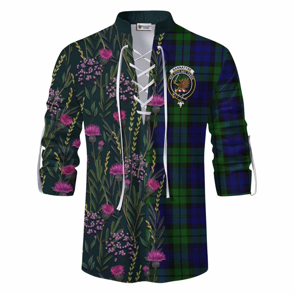 Bannatyne Family Crest Tartan Ghillie Shirt Scottish Thistle Flower Pattern Half Style - Tartan Vibes Clothing