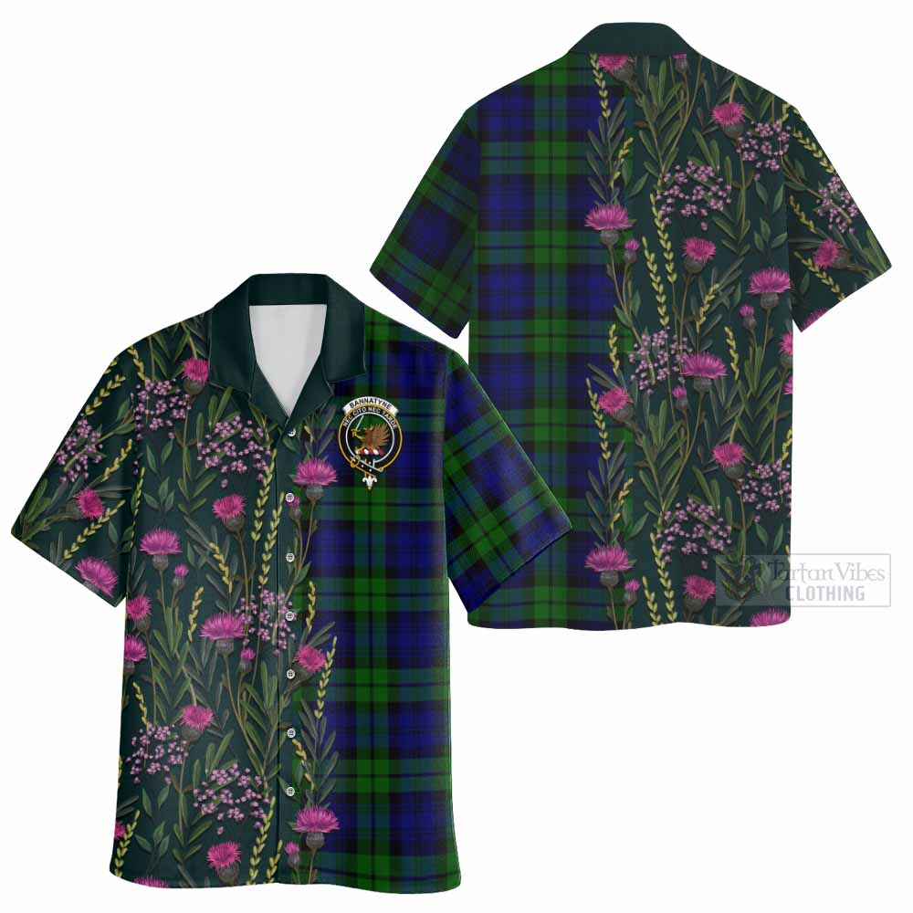 Bannatyne Family Crest Tartan Hawaiian Shirt Scottish Thistle Flower Pattern Half Style - Tartan Vibes Clothing