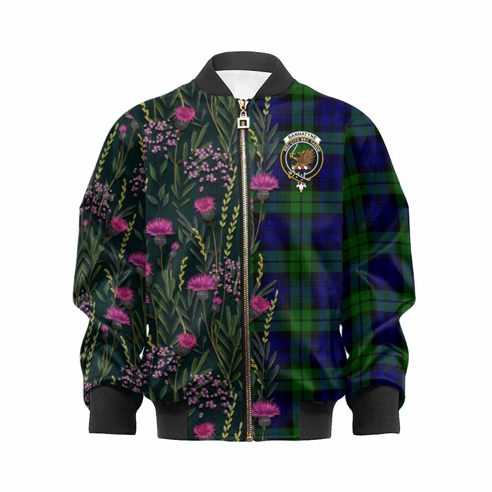 Bannatyne Family Crest Tartan Kid Bomber Jacket Scottish Thistle Flower Pattern Half Style - Tartan Vibes Clothing