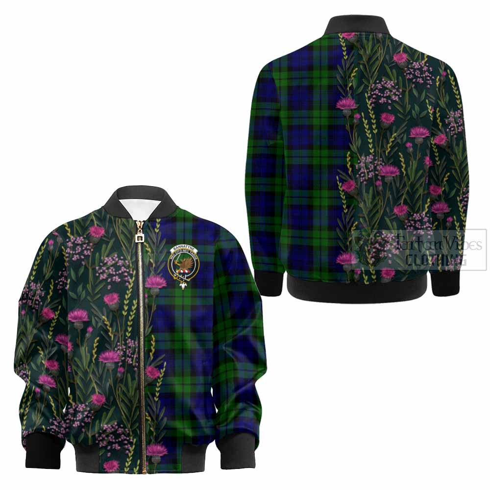 Bannatyne Family Crest Tartan Kid Bomber Jacket Scottish Thistle Flower Pattern Half Style - Tartan Vibes Clothing