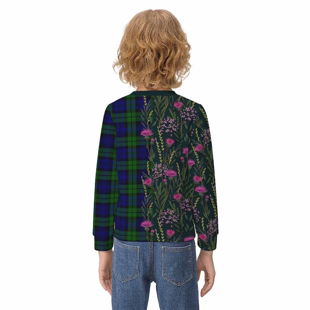 Bannatyne Family Crest Tartan Kid Knitted Sweatshirt Scottish Thistle Flower Pattern Half Style - Tartan Vibes Clothing