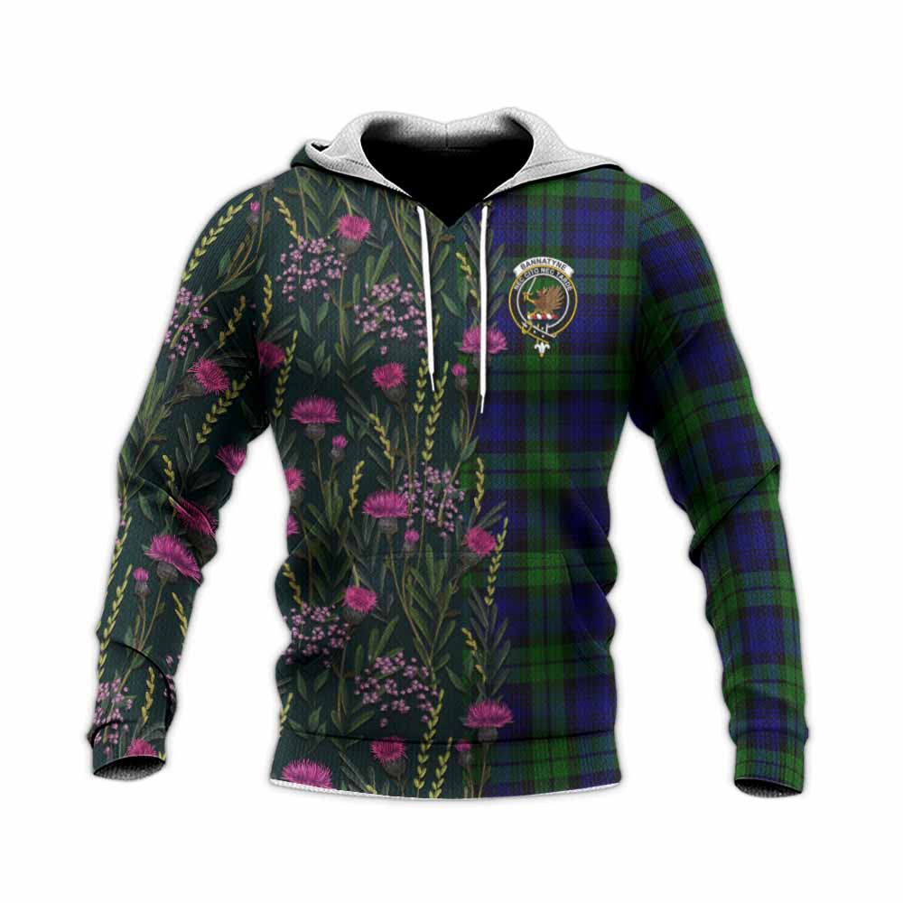 Bannatyne Family Crest Tartan Knitted Hoodie Scottish Thistle Flower Pattern Half Style - Tartan Vibes Clothing