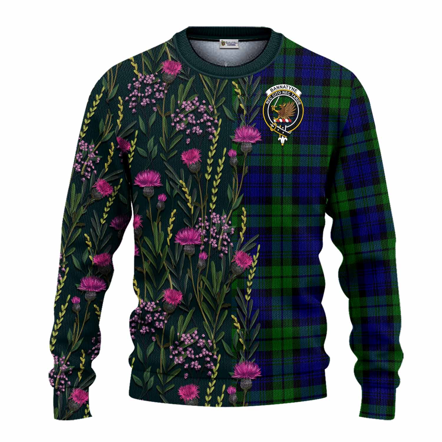 Bannatyne Family Crest Tartan Knitted Sweater Scottish Thistle Flower Pattern Half Style - Tartan Vibes Clothing