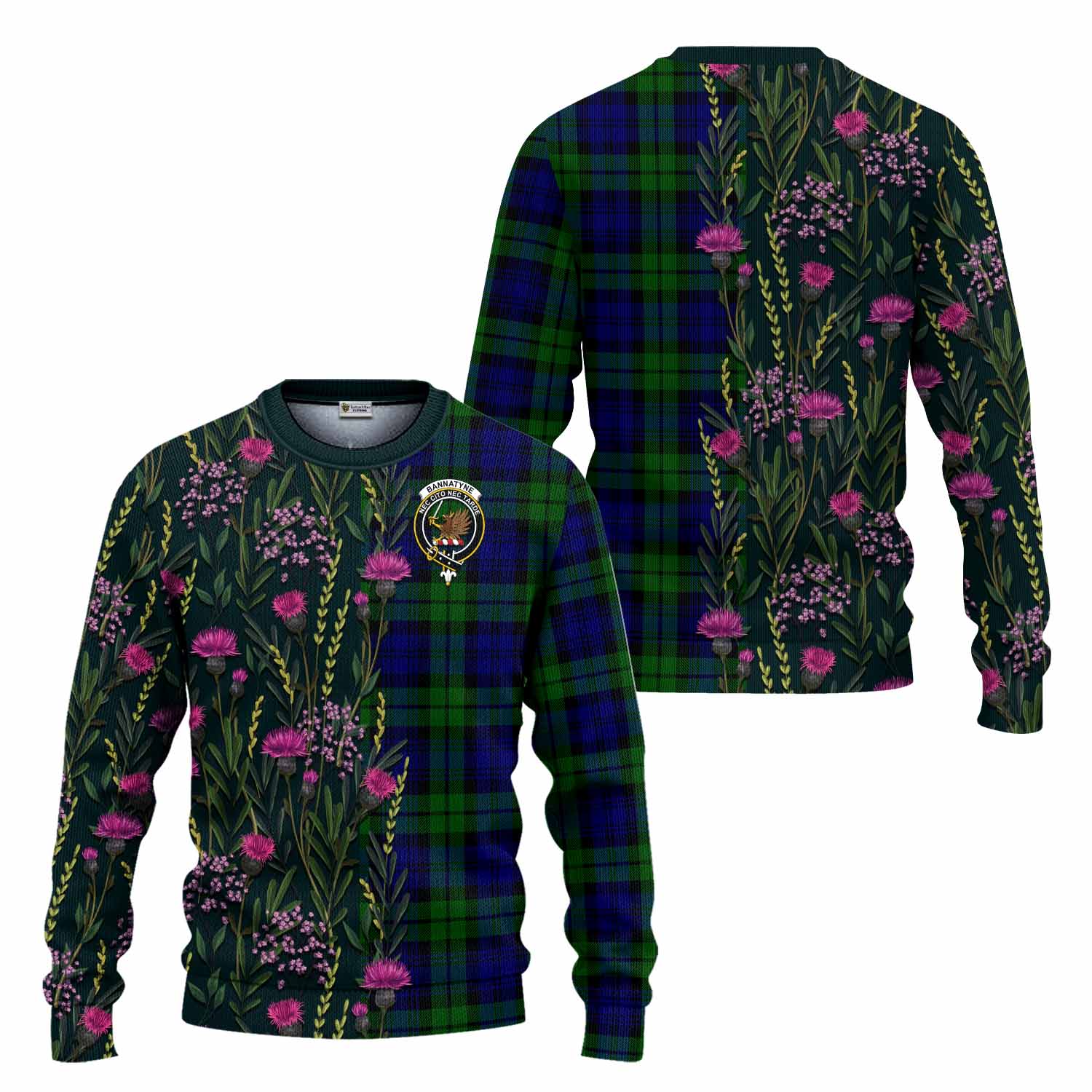 Bannatyne Family Crest Tartan Knitted Sweater Scottish Thistle Flower Pattern Half Style - Tartan Vibes Clothing