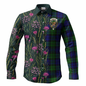 Bannatyne Family Crest Tartan Long Sleeve Button Shirts Scottish Thistle Flower Pattern Half Style - Tartan Vibes Clothing