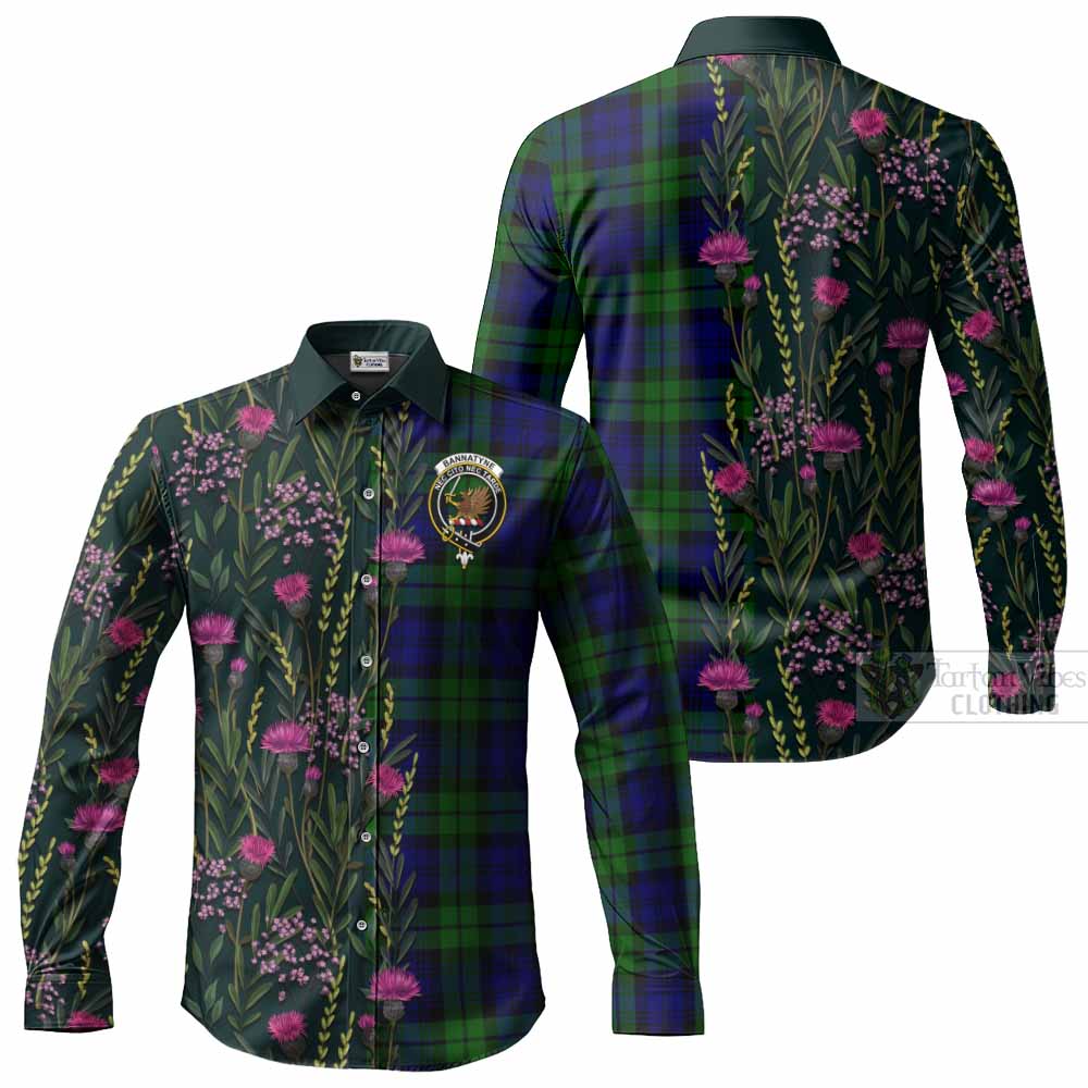 Bannatyne Family Crest Tartan Long Sleeve Button Shirts Scottish Thistle Flower Pattern Half Style - Tartan Vibes Clothing