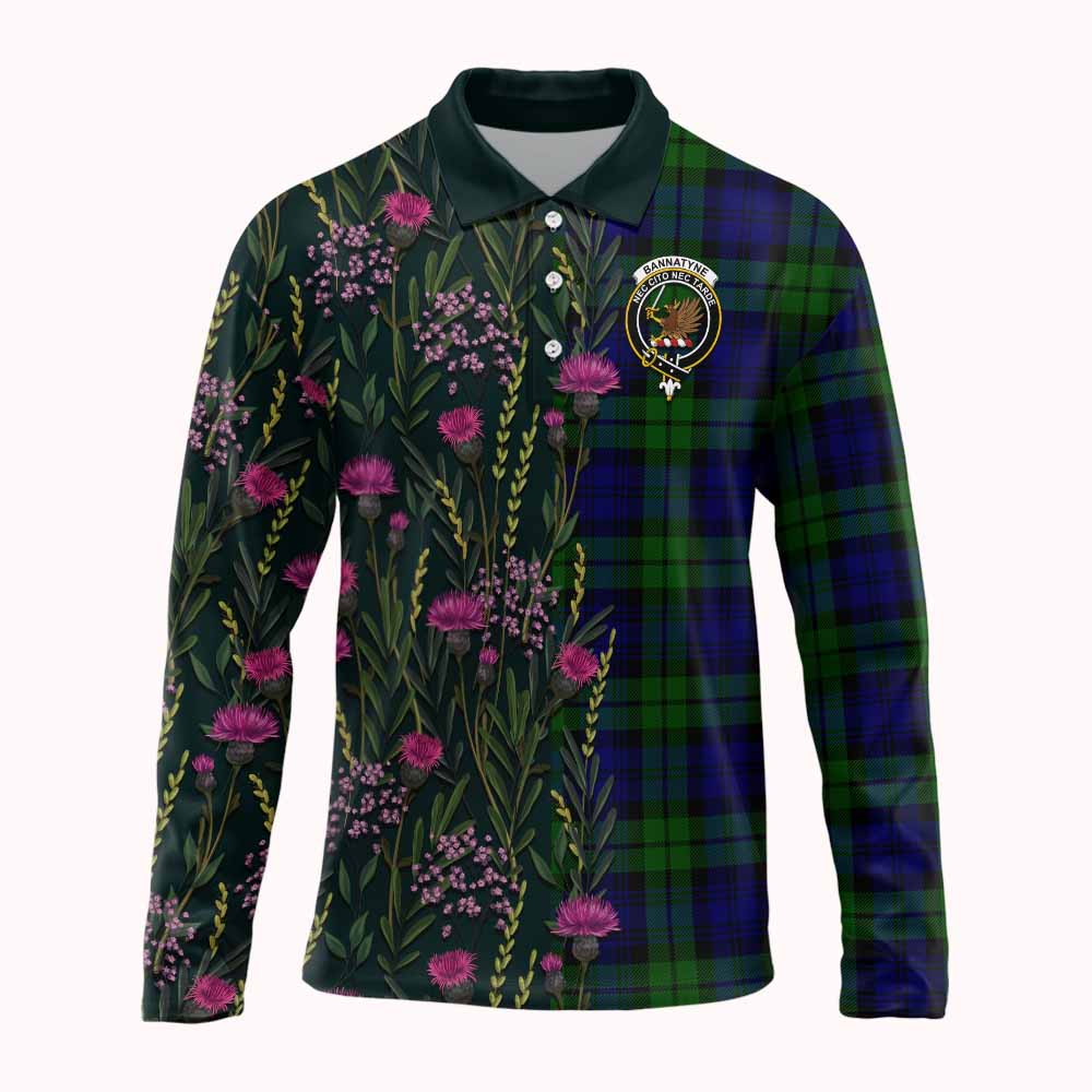 Bannatyne Family Crest Tartan Long Sleeve Polo Shirt Scottish Thistle Flower Pattern Half Style - Tartan Vibes Clothing