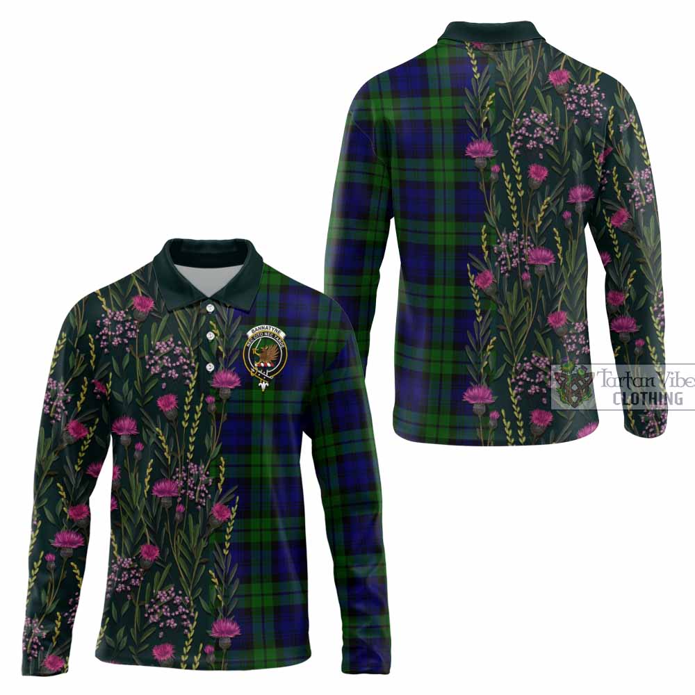 Bannatyne Family Crest Tartan Long Sleeve Polo Shirt Scottish Thistle Flower Pattern Half Style - Tartan Vibes Clothing