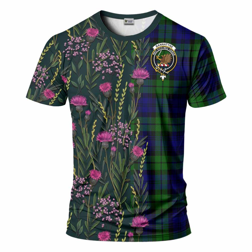 Bannatyne Family Crest Tartan T-Shirt Scottish Thistle Flower Pattern Half Style - Tartan Vibes Clothing