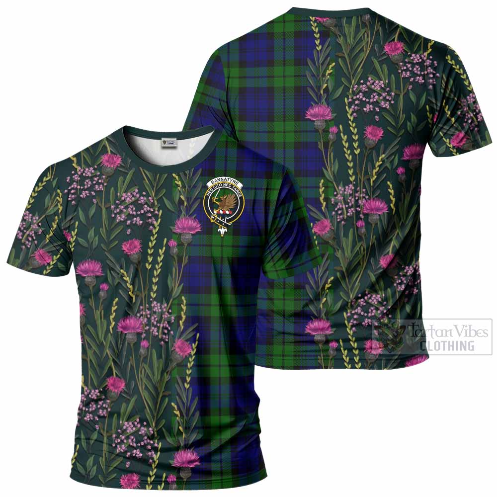 Bannatyne Family Crest Tartan T-Shirt Scottish Thistle Flower Pattern Half Style - Tartan Vibes Clothing