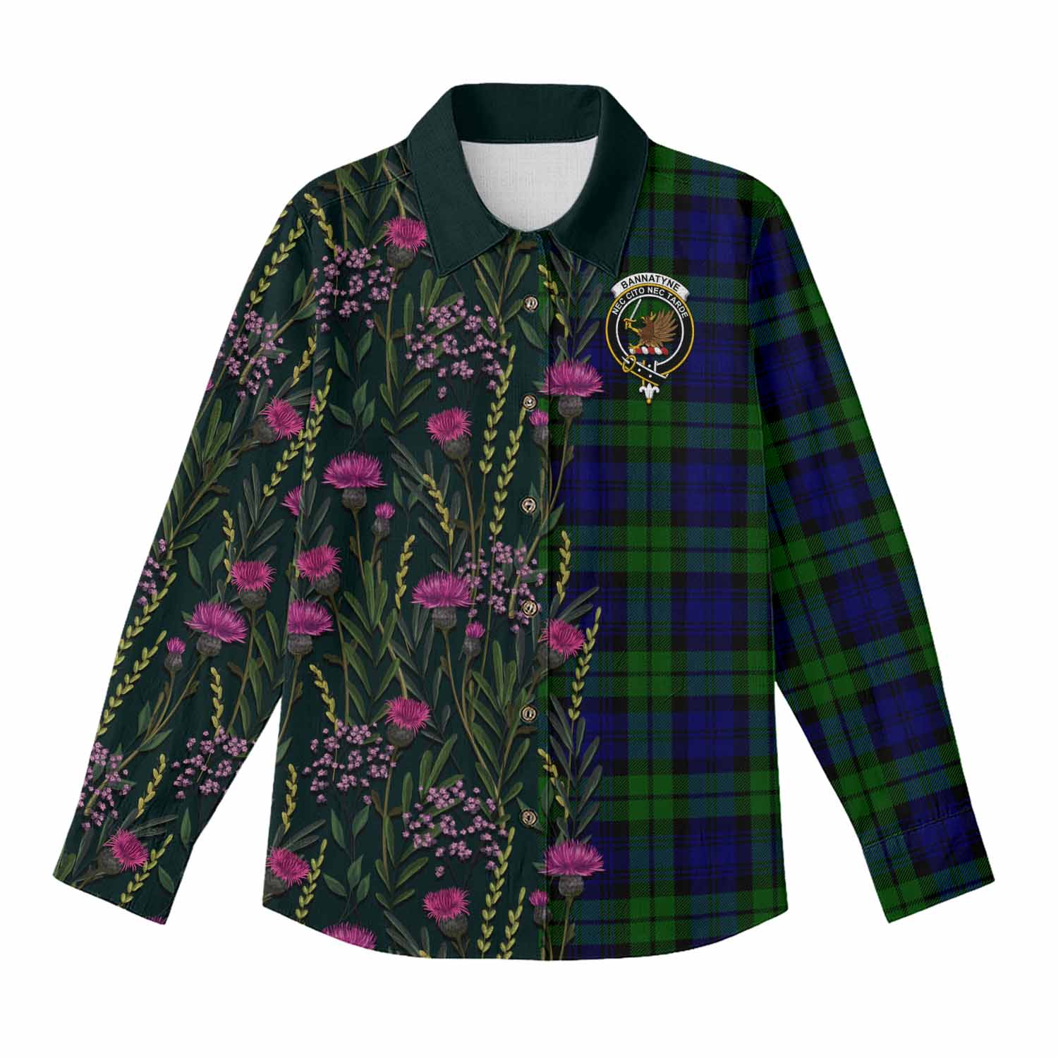 Bannatyne Family Crest Tartan Women Casual Shirt Scottish Thistle Flower Pattern Half Style - Tartan Vibes Clothing