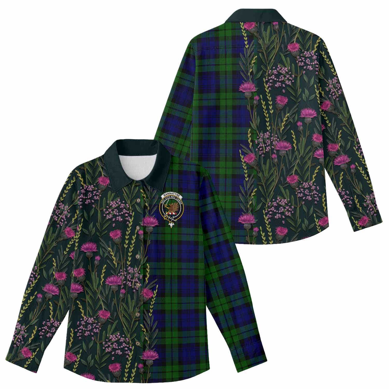 Bannatyne Family Crest Tartan Women Casual Shirt Scottish Thistle Flower Pattern Half Style - Tartan Vibes Clothing