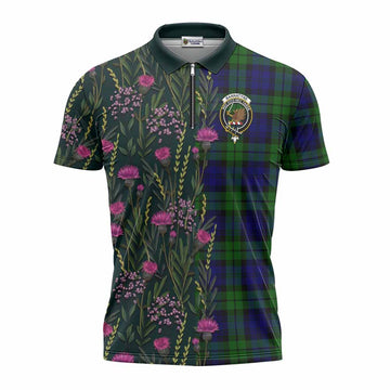 Bannatyne Family Crest Tartan Zipper Polo Shirt Scottish Thistle Flower Pattern Half Style - Tartan Vibes Clothing