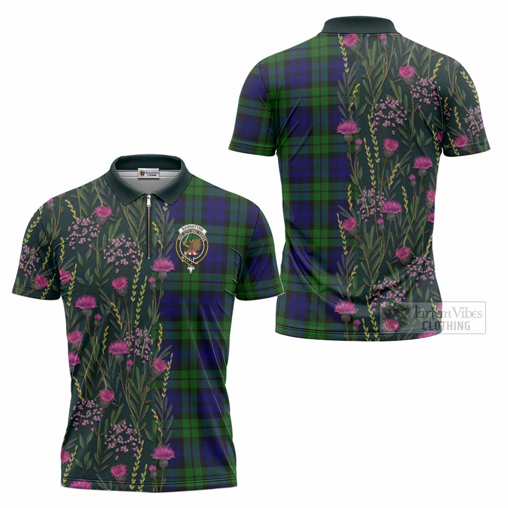 Bannatyne Family Crest Tartan Zipper Polo Shirt Scottish Thistle Flower Pattern Half Style - Tartan Vibes Clothing
