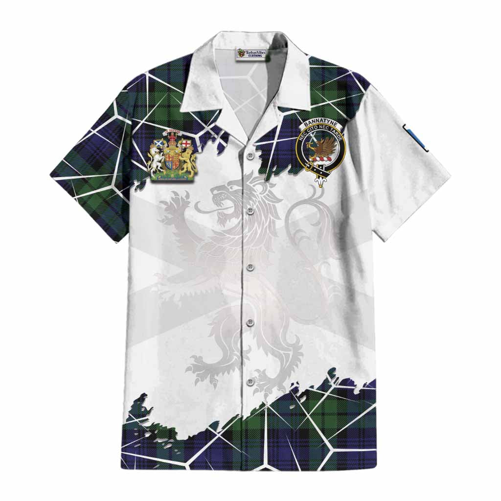Bannatyne Tartan Cotton Hawaiian Shirt with Family Crest and Lion Rampant Grunge Style