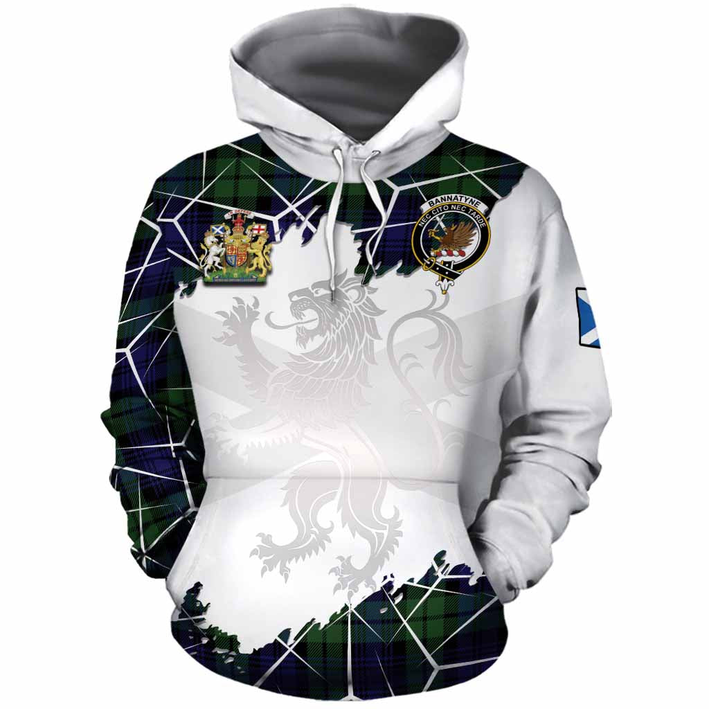 Bannatyne Tartan Cotton Hoodie with Family Crest and Lion Rampant Grunge Style
