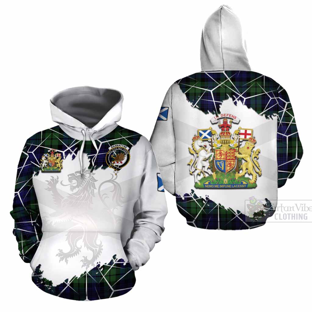 Bannatyne Tartan Cotton Hoodie with Family Crest and Lion Rampant Grunge Style
