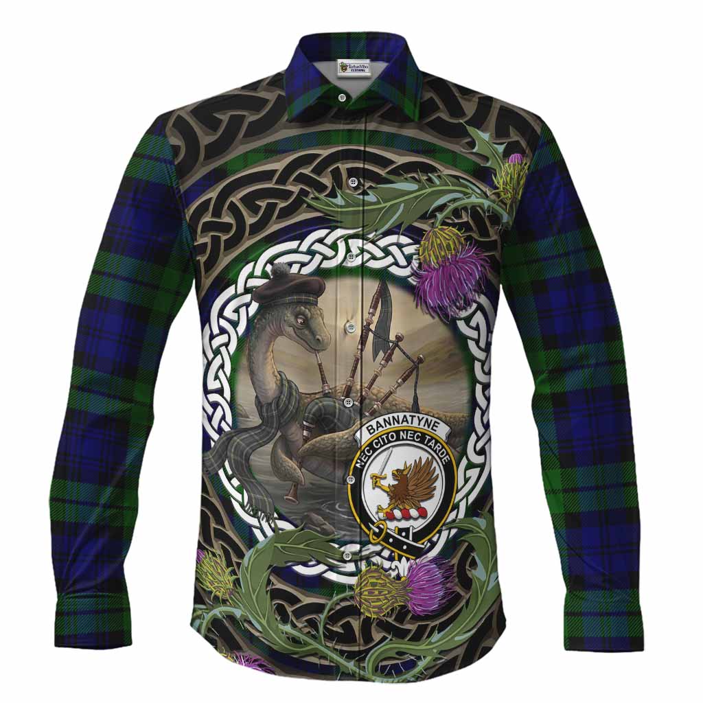 Bannatyne Tartan Crest Bagpipe Nessie Long Sleeve Button Shirts Scottish Loch Ness Monster Celtic Thistle