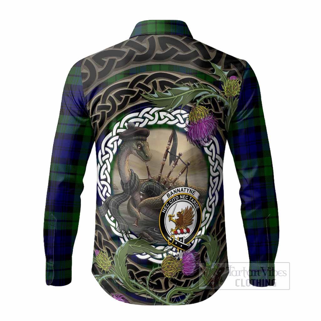 Bannatyne Tartan Crest Bagpipe Nessie Long Sleeve Button Shirts Scottish Loch Ness Monster Celtic Thistle