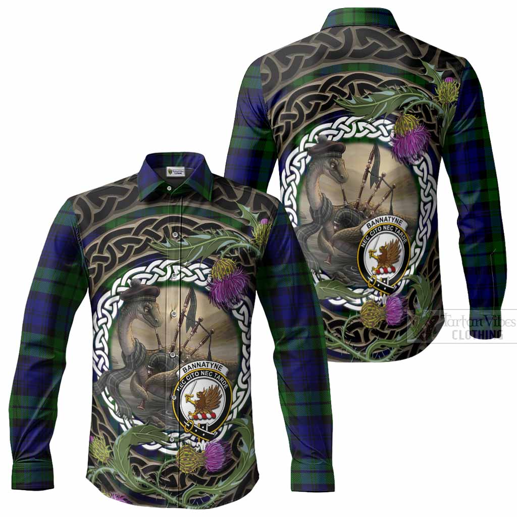Bannatyne Tartan Crest Bagpipe Nessie Long Sleeve Button Shirts Scottish Loch Ness Monster Celtic Thistle